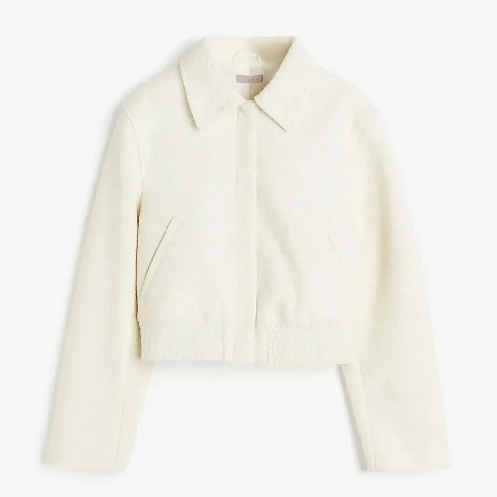 H&M BOUCLÉ Bomber JACKET in Ivory